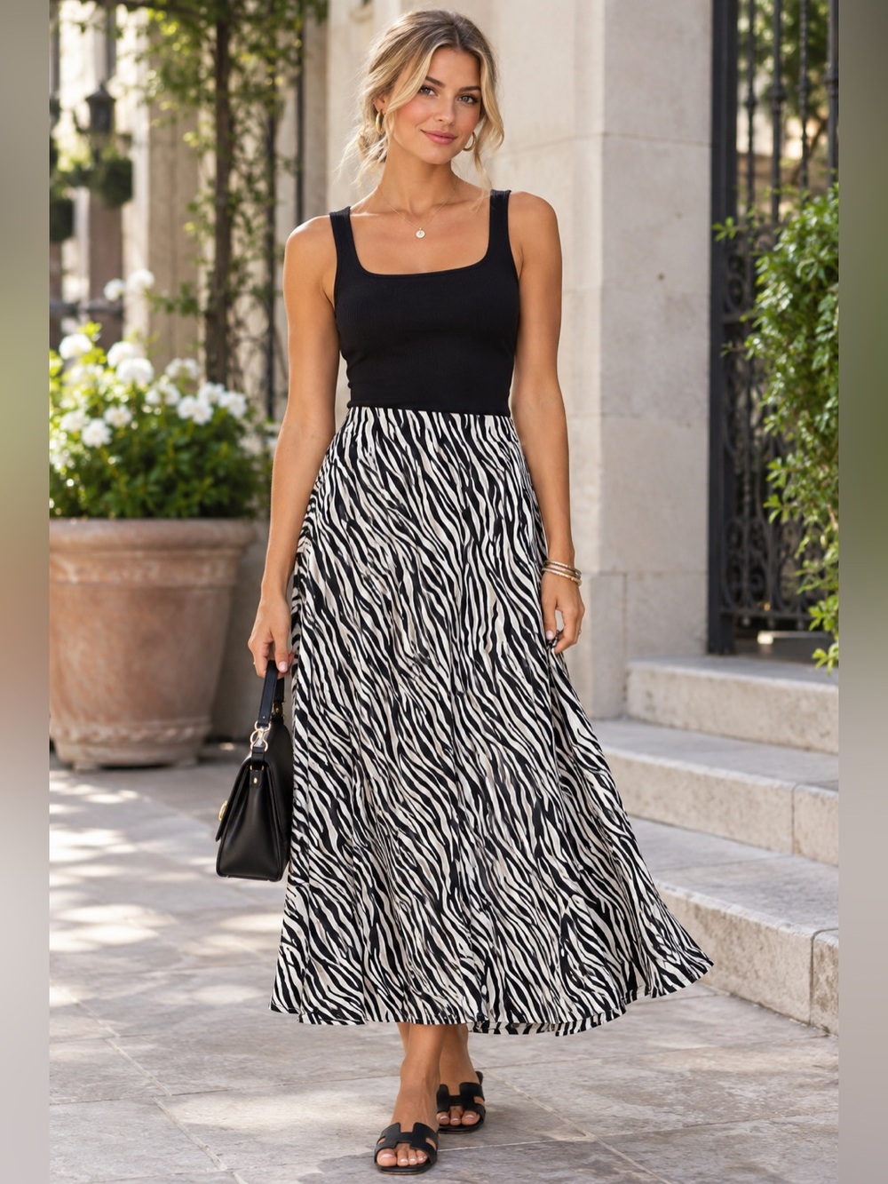 TanJay Black & White Zebra-Print Maxi Skirt
